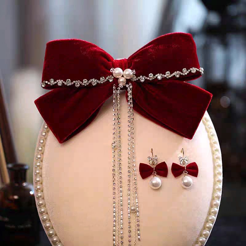 Velvet rojo gran abrazadera de cabello de arco de novia brindis de boda toque de cabeza conjunto de pendientes de compromiso de mujer temperamento de cabello