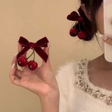 氛围感樱桃酒红色蝴蝶结发夹女神高级感低马尾半扎发鸭嘴夹子头饰