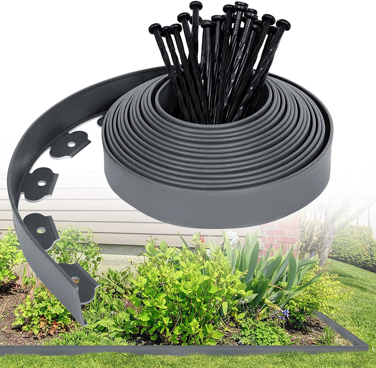 /></p>
<p><strong>POURQUOI CHOISIR NOTRE PRODUIT ?</strong></p>
<p>Résistant aux intempéries<br />Le matériau en PE recyclé respecte l'environnement. Beaucoup plus légères que les autres bordures, elles ne demandent aucun entretien particulier et sont très résistantes aux intempéries.<br />Flexible pour pliage ou angle facile<br />Notre bordure est souple et flexible. Vous pouvez la plier dans tous les angles pour créer la forme que vous souhaitez pour votre parterre sans aucune contrainte. Il vous suffit simplement de créer la forme et de la délimiter avant la pose.<br />Installation facile<br />Nos bordures sont très maniables et faciles à installer. Nous offrons 30 piquets (par bordure) pour que vous puissiez fixer la bordure facilement.</p>
<p><img src=