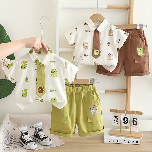 2026 Children's Summer Suit Short Sleeve Cartoon Dinosaur Shirt Summer Style Boys' Tie Summer Baby Two-Piece Suit