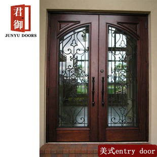 main entrance solid wooden door vith wrought iron and glass