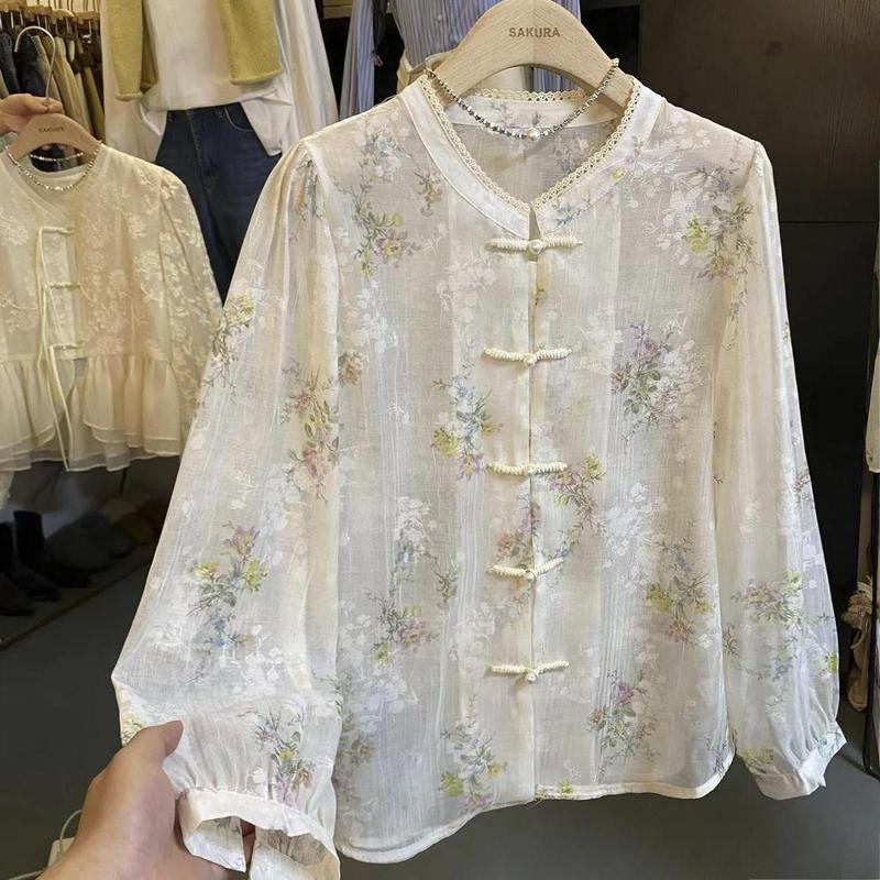 新中式温婉国风碎花拼接蕾丝圆领长袖上衣防晒设计感复古国风小衫|undefined