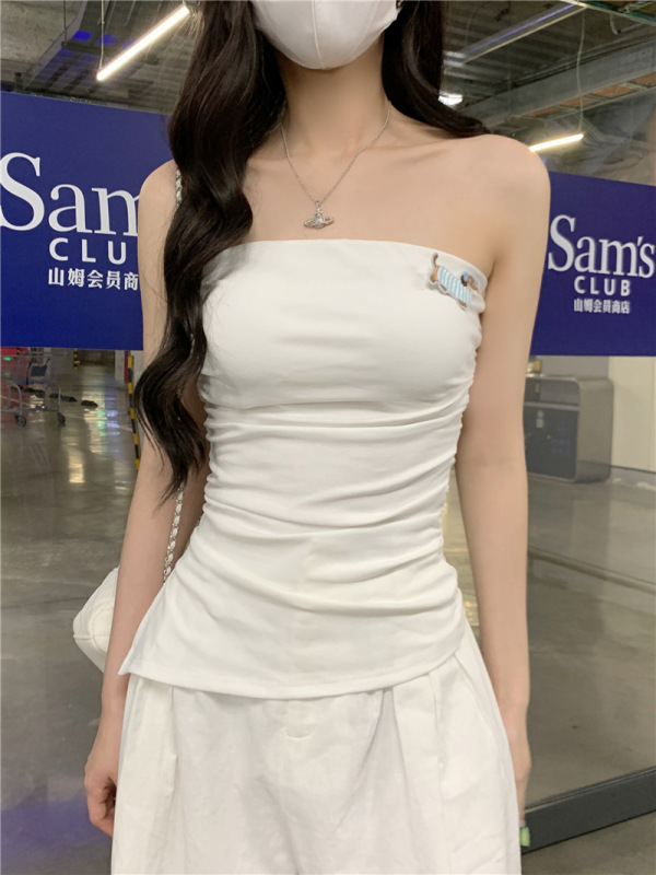 デザインプリーツネイビーブルーチューブトップ女性の夏の2025新しいスリムフィットショートホットガールアウタートップトレンディ|undefined