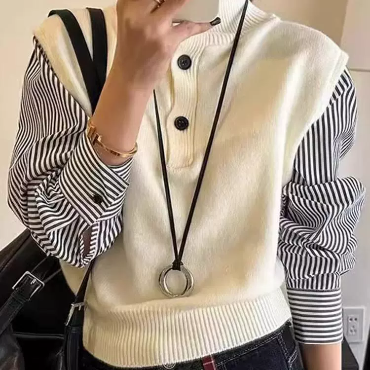 2025新款时尚休闲百搭叠穿上衣减龄条纹拼接假两件高领毛衣女秋冬