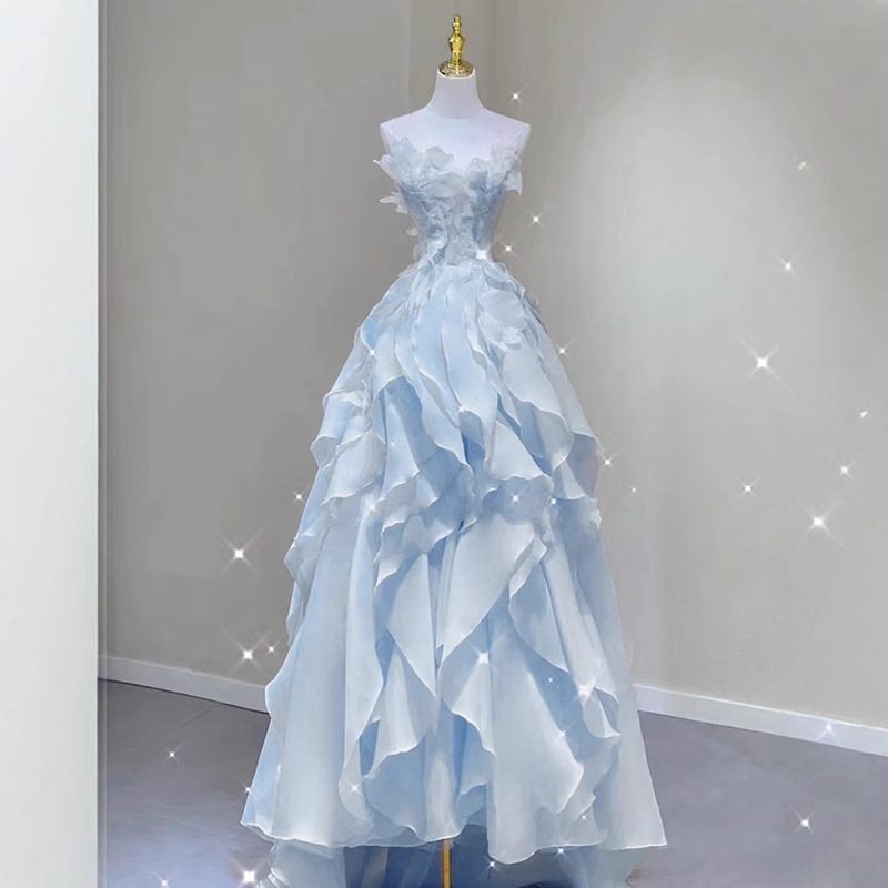 Light Blue Flower Fairy Evening Dress 2026 Summer New Style Elegant Strapless Birthday Party Student Art Exam Evening Dress