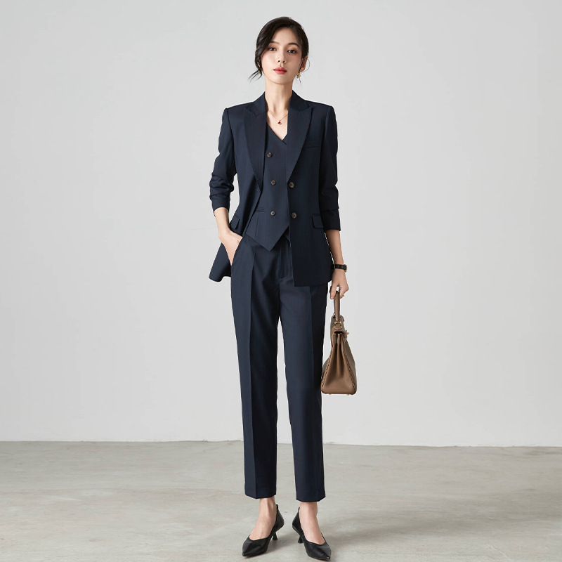春秋冬高端藏青色通勤修身西装上衣外套正装西服马甲小脚裤套装女|undefined