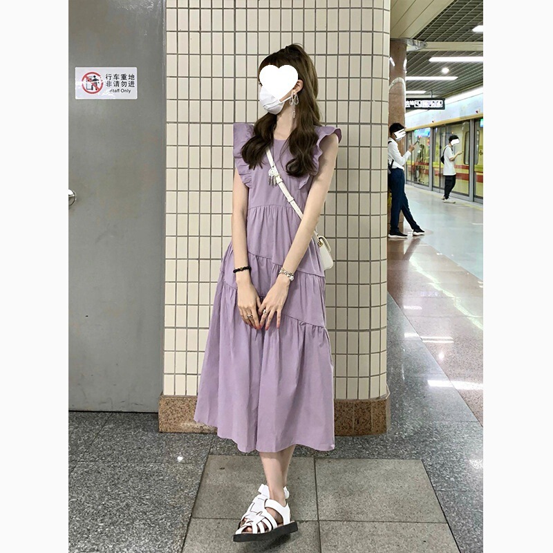 夏季别致法式甜美宽松显瘦茶歇a字裙女感收腰紫色连衣裙|undefined