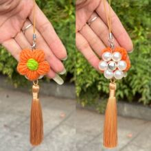 原创设计编织花朵五瓣花中国风泡芙双面花流苏手机绳车挂件挂饰