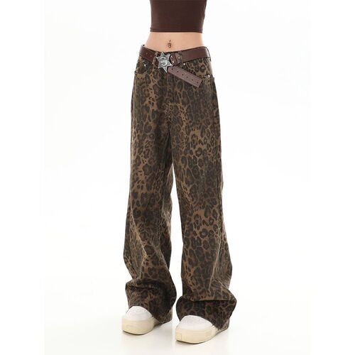 Women's American-style leopard-print jeans: Spring/autumn Instagram-worthy, straight-leg design with a relaxed, oversized, floor-sweeping wide-leg fit