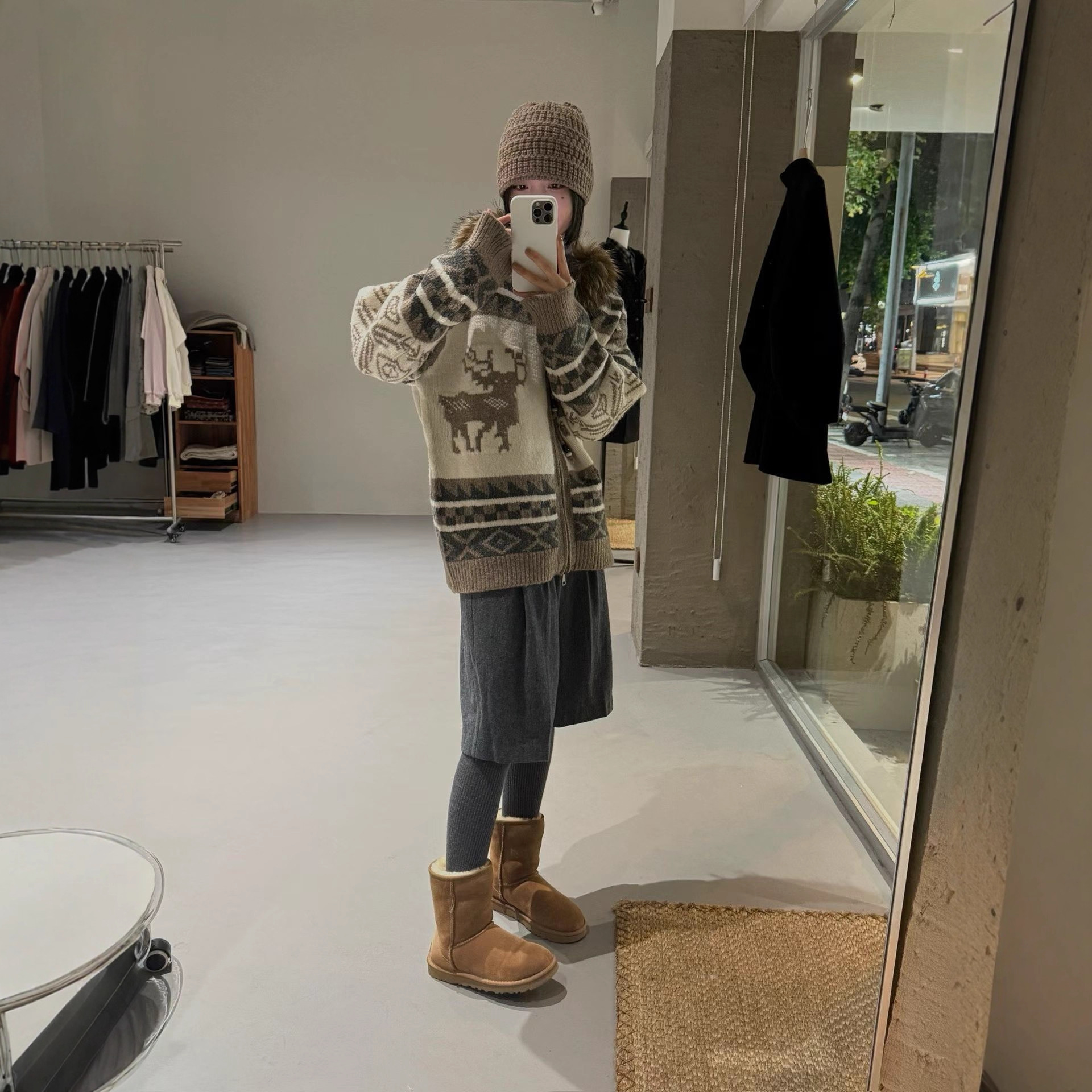 明星同款韩国TheopenProduct针织提花麋鹿连帽毛衣开衫外套女潮