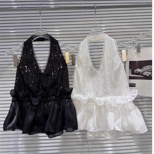 2026 Summer New Style French Socialite Pleated Patchwork Sequin Fabric Backless Halter Top Blouse