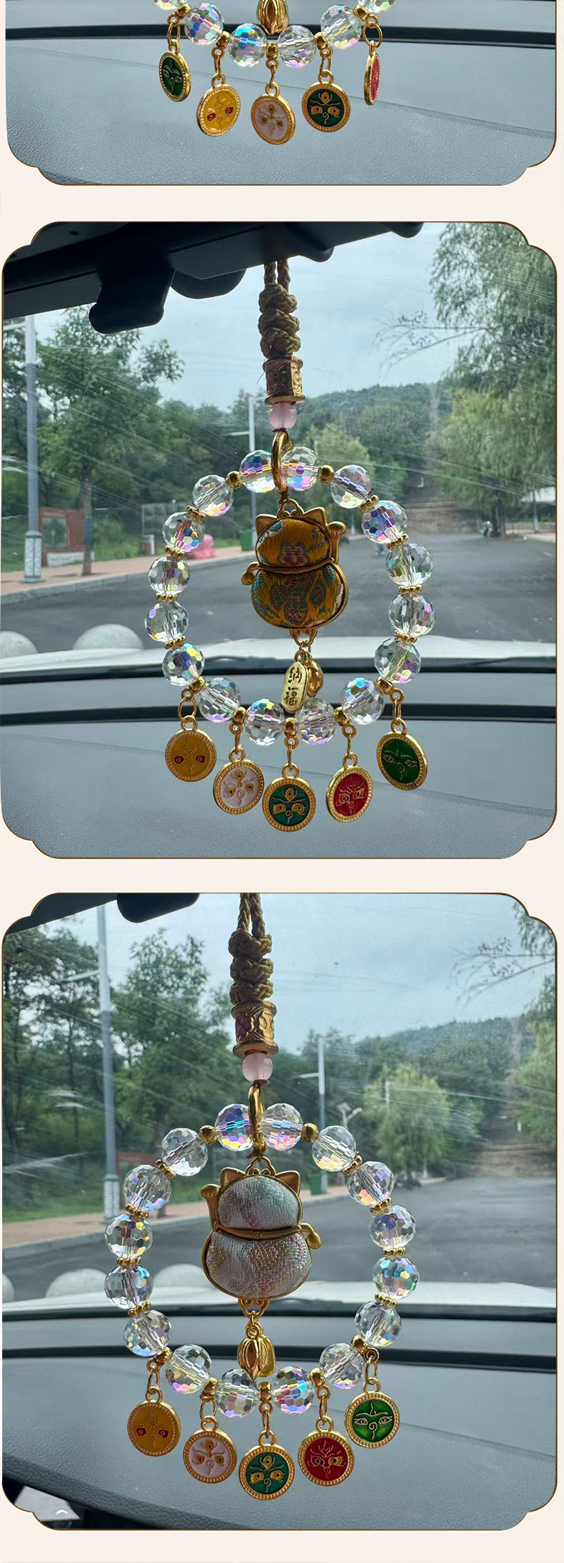 Lingyin's new lucky bag with Song brocade, Five Road God of Wealth car pendant, colorful crystal peace lock bag pendant, and Chinese style accessories