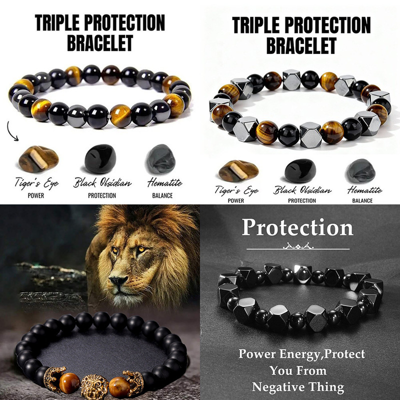 European and American Classic Natural Stone Tiger Eye Stone Bracelet with Faceted Black Gallstone Obsidian Beads, Cross-Border Men's Bracelet