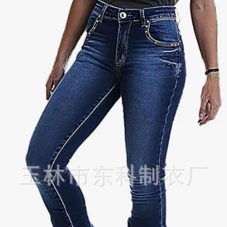 牛仔裤女款时尚亚马逊速卖通时尚粗线口袋独特设计修身豹纹口袋