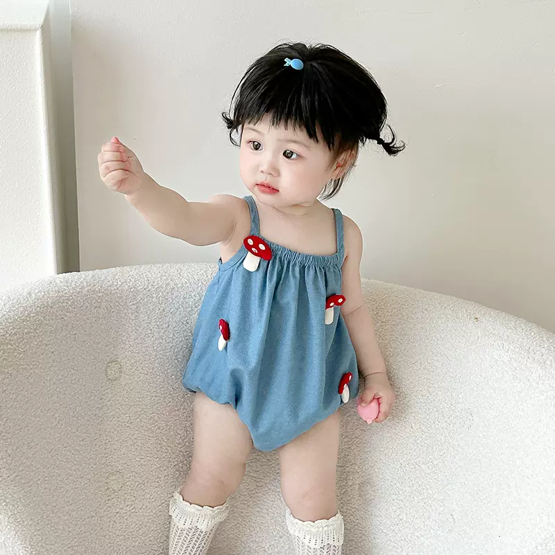 2025夏季新款爬服婴儿小吊带薄款连体衣5215新生女宝宝蘑菇包屁衣
