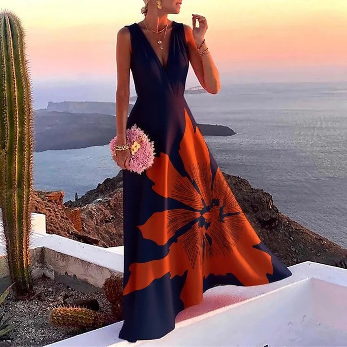 2025 European and American Clothing Amazon Independent Station Temu Positioning Digital Printing Sleeveless V Neck Dress Long Skirt
