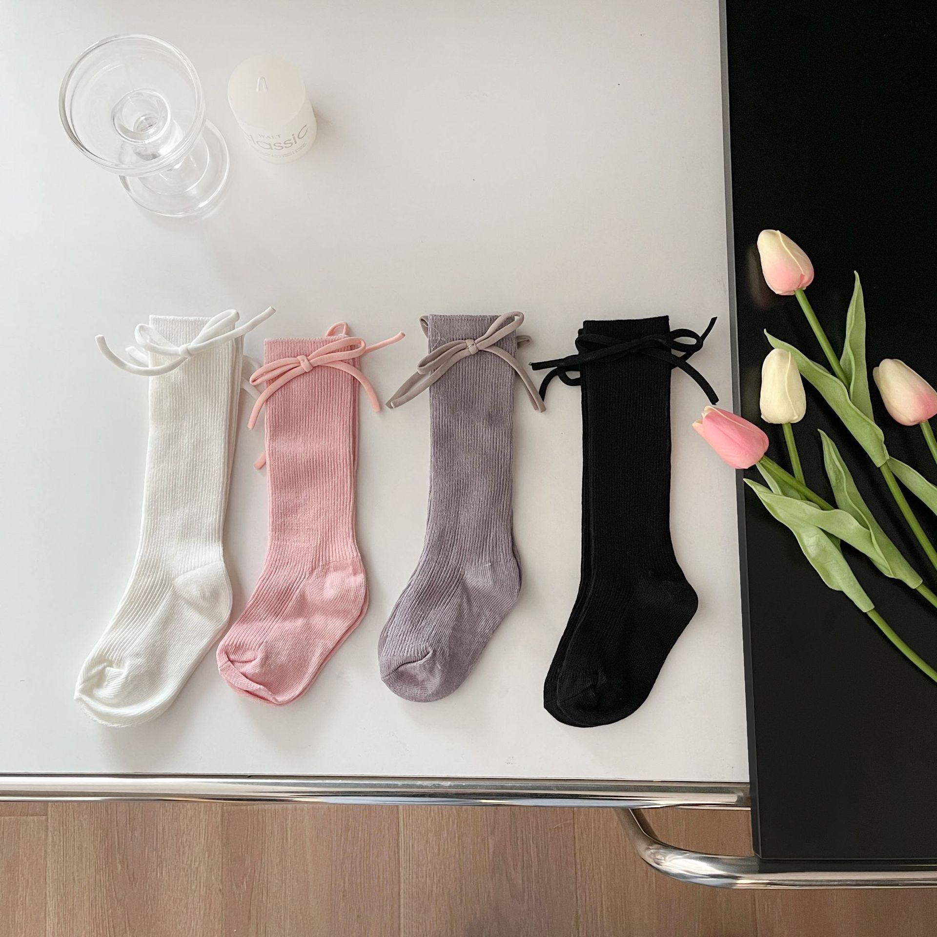 Children's spring solid color cute Japanese non-slip knee socks with…