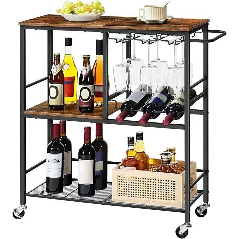 Amazon Cross-Border Home Bar Cart 29.5inch with Wheels, 3-Tier Service Cart with Wine Rack and Glass Cups