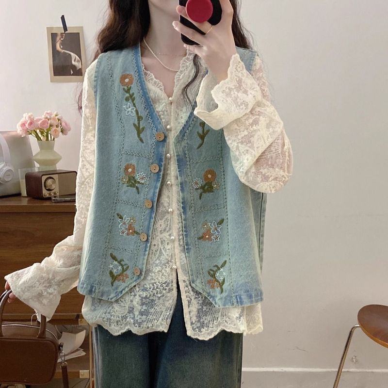 2025春季新款韩系复古别致阔腿牛仔裤百搭蕾丝衬衫气质马甲套装女|undefined