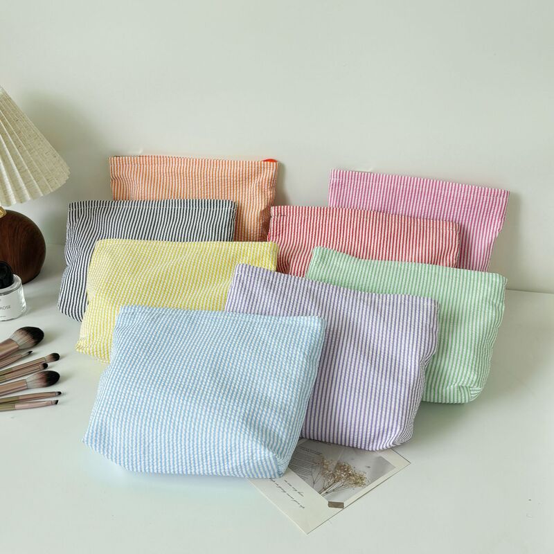 Striped Hand-Held Makeup Bag, Convenient Travel Toiletry Bag, Bubble Gauze Makeup Bag, Large Capacity Makeup Storage Bag, Embroidery Striped Hand-Held Makeup Bag, Convenient Travel Toiletry Bag, Bubble Gauze Makeup Bag, Large Capacity Makeup Storage Bag, Embroidery