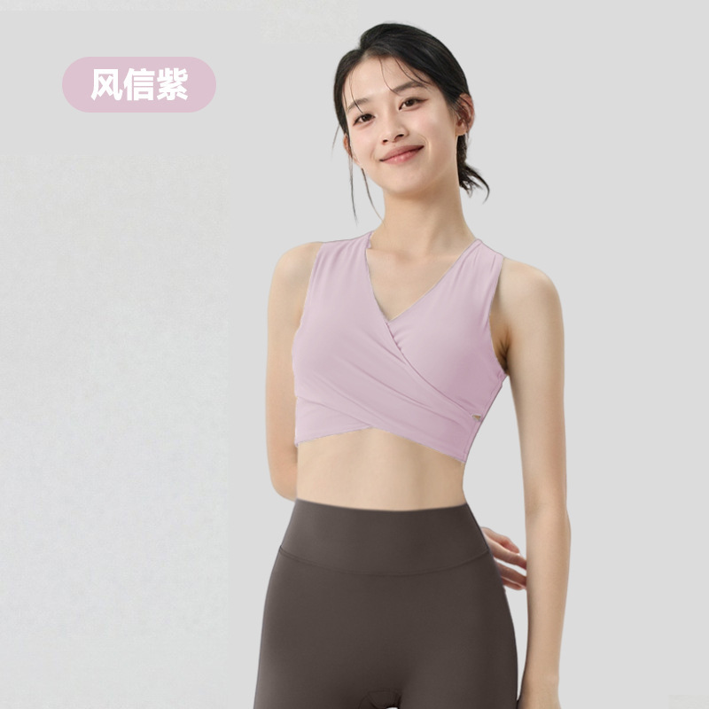 胸パッド付き女性用クロスボーダーホルターネックスポーツブラ、クロスストラップヨガトップ、万能ディープVバックノースリーブトップ|undefined