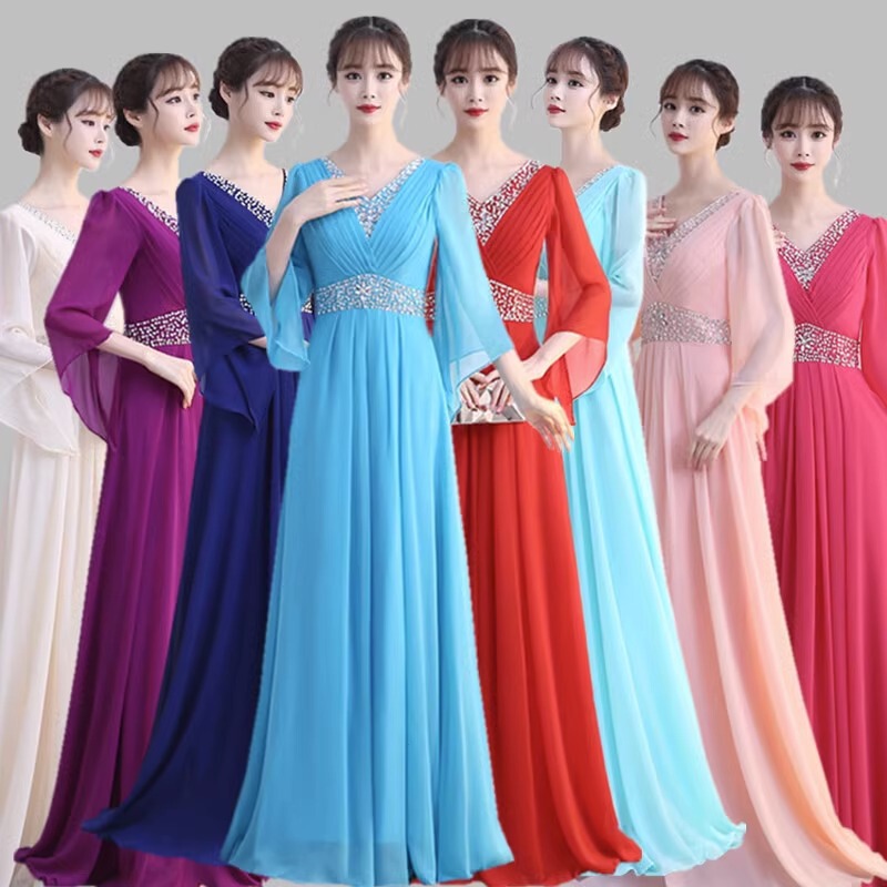 Chorus Performance Clothing Women's Long Dress New Adult Modern Host Dress Middle-aged and Elderly Performance Dress