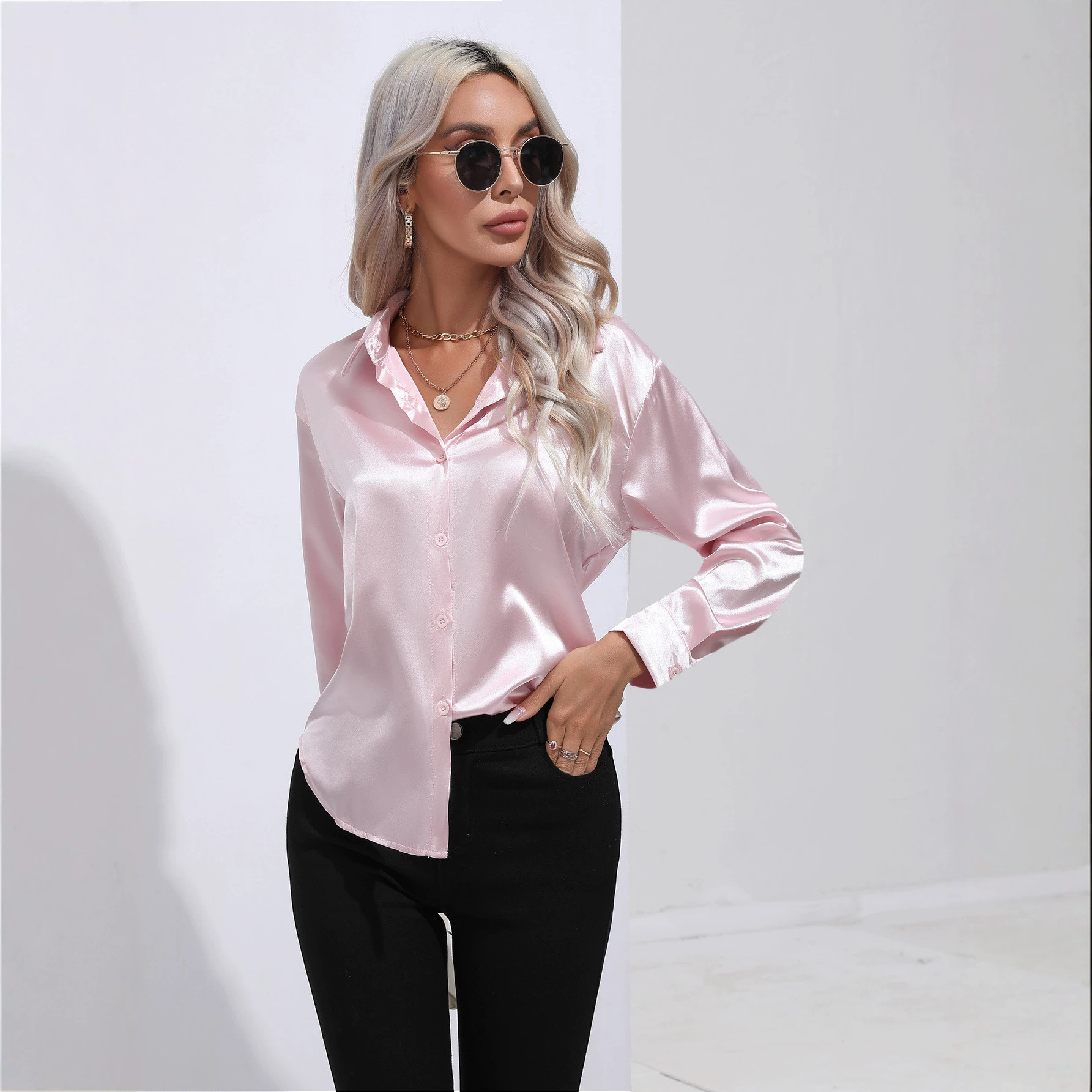 Explosions Real Shot Satin Shirt Women's Satin Silk Long Sleeve Shirt Spring and Summer New European and American Cross-border Women's Clothing