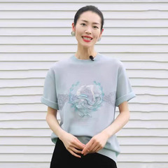 Liu Wen の 2025 新しい夏のレタープリントラウンドネック半袖ブルーセーター Tシャツトップ女性用 2J2E358