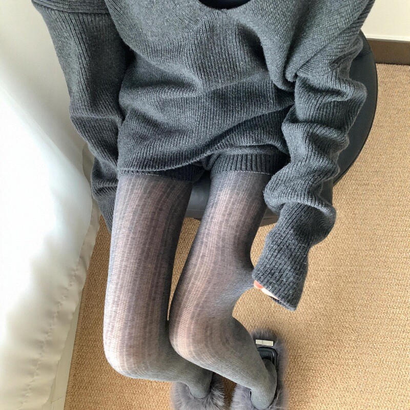Gray Miu-Style Women's Leggings with Vertical Stripes, Thin Sheer Pantyhose, Korean-Style Gray Long Socks That Can Be Worn Outside with Boots