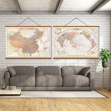 实木欧式复古挂图地图办公室墙贴客厅书房大装饰画挂图