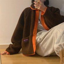 韩国chic冬季正反两穿小标签撞色设计羊羔毛宽松保暖棉衣短外套女