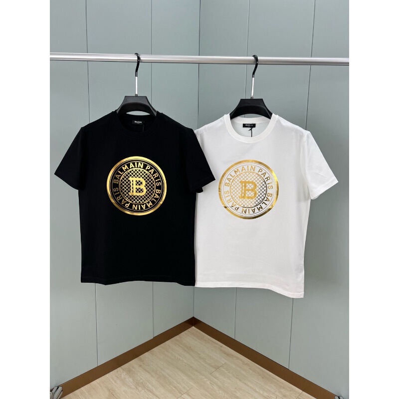 Balmain Balmain Spring and Summer New Gold Foil Logo Short-Sleeved T-Shirt Men's Casual All-Match Mercerized Cotton Bottoming Shirt Balmain Balmain Spring and Summer New Gold Foil Logo Short-Sleeved T-Shirt Men's Casual All-Match Mercerized Cotton Bottoming Shirt