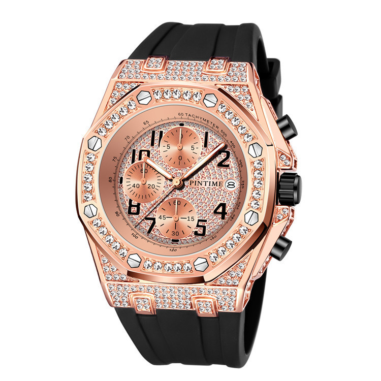 Men's Retro Chronograph Quartz Watch With Large Dial And Diamonds_voghion.com