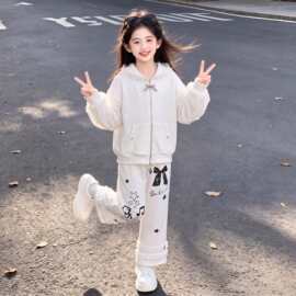 2026春秋季女童学院风新款可爱连帽外套花边阔腿裤子两件套装潮流