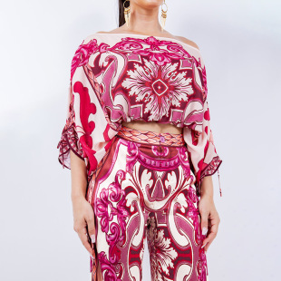 2025 cross-border European and American women's clothing Amazon printed long sleeve off-shoulder fashion suit winter wear women's clothing set