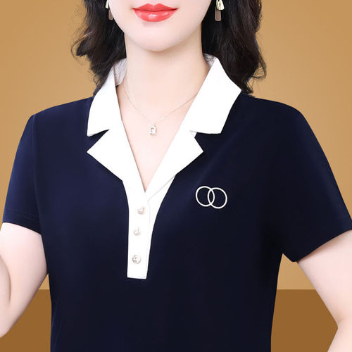 Mother's Short Sleeve T-Shirt for Women, Unique Top, Cross-Border Summer New Arrival, Loose Half-Sleeve Collar Top, Thin Style