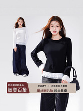 纯棉荷叶边长袖打底衫女春秋2025新款修身显瘦韩系拼接设计感上衣