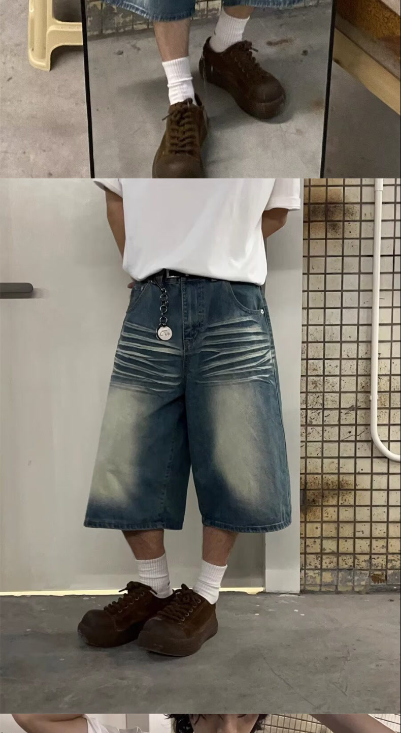 Men's Vintage Washed Blue Distressed Denim Shorts Loose Fit Streetwear Style Cargo Pants with Multi-Pockets_mkmklike.com