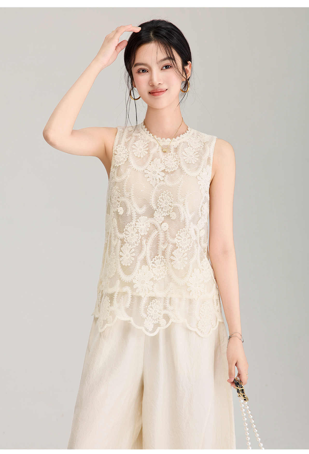 Áo hai dây ren thêu sequin cổ tây không tay mùa hè — màu mơ chi tiết 14