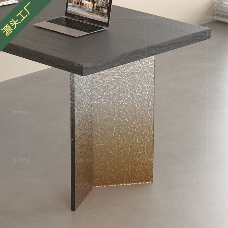 V字水波纹亚克力桌腿石头纹高透明渐变色餐桌岛台支撑架桌脚代发