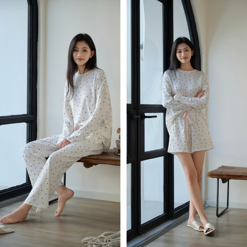 Lazy Home Cotton Round Neck Polka Dot Autumn and Winter New Long-Sleeved Pants Shorts Comfortable and Fashionable Home Wear Three-Piece Set