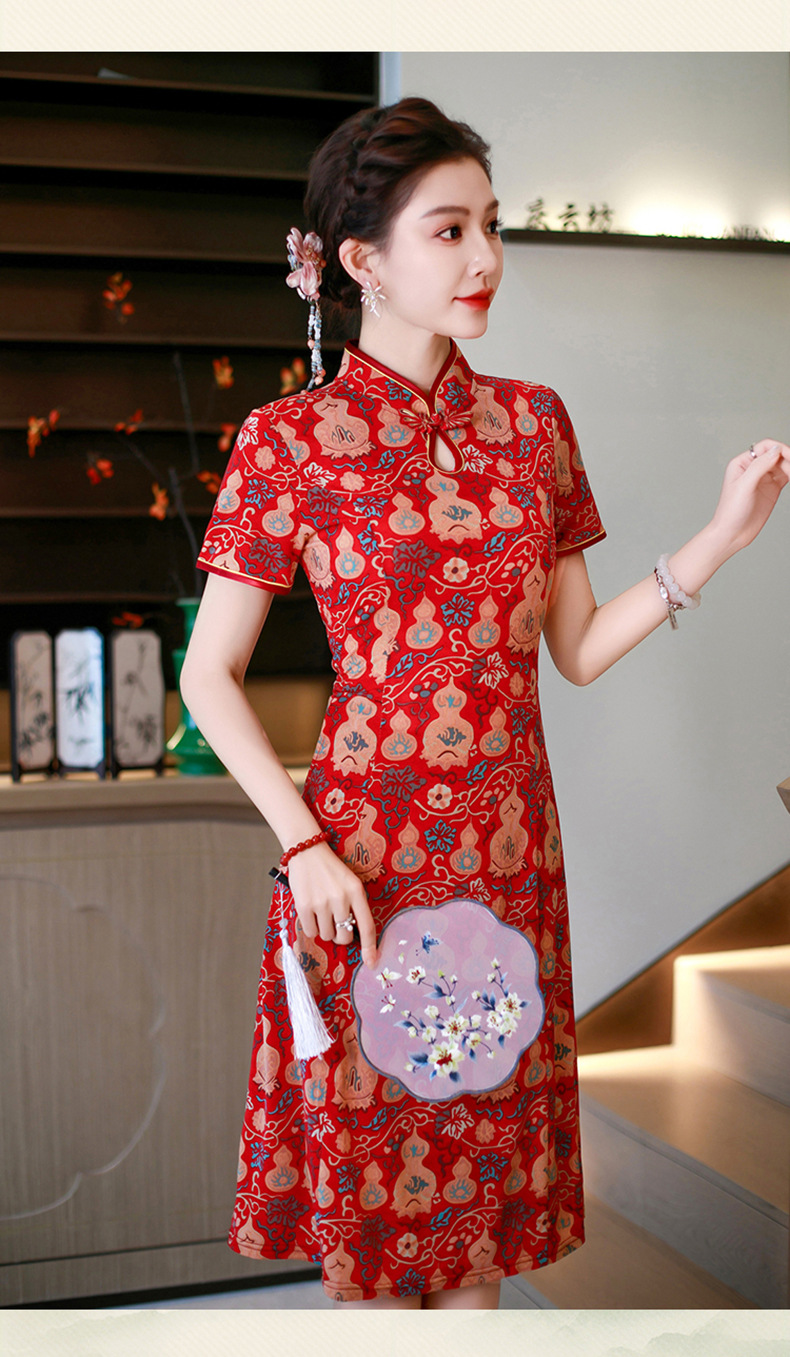 Đầm maxi nữ cổ đứng kiểu tân Trung Hoa in họa tiết dáng dài — xanh lam, màu đỏ chi tiết 16