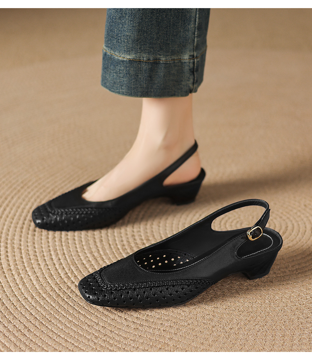Sandal nữ gót thấp 3.5cm da cừu dệt mũi vuông kiểu Pháp quai một dây — đen chi tiết 20