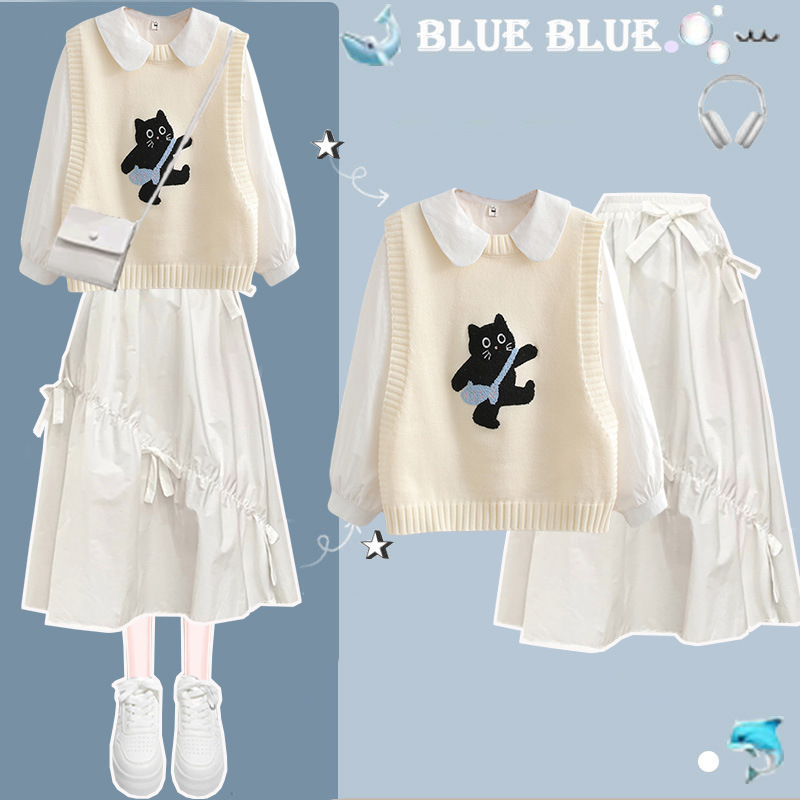 Sweet Girl Knitted Vest Shirt Ootd Outfit Autum Junior High School Student Fashionable Skirt Three-Piece Set