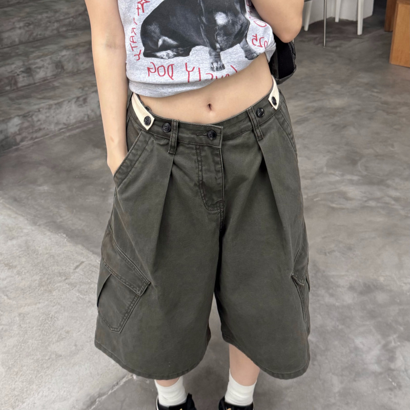 American High Street Washed Distressed Workwear Cropped Pants for Men and Women Summer New Adjustable Multi-Pocket Retro Wide-Leg Pants