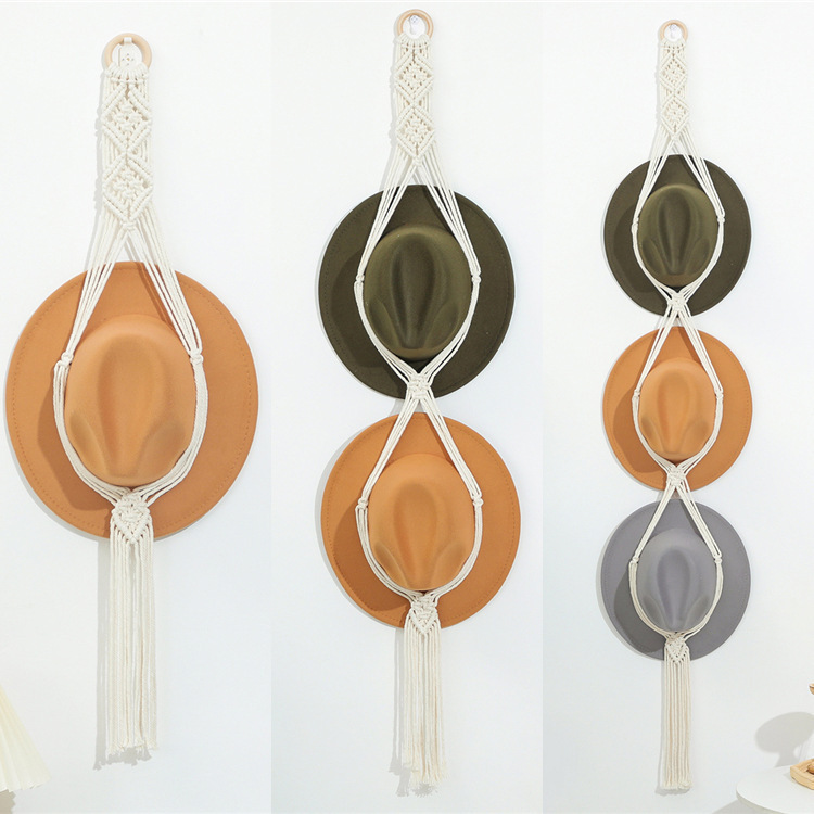 Cuerda de algodón bohemia tejido sombrero estante de almacenamiento múltiples capas pared colgante clip colgante sombrero decoración de borla