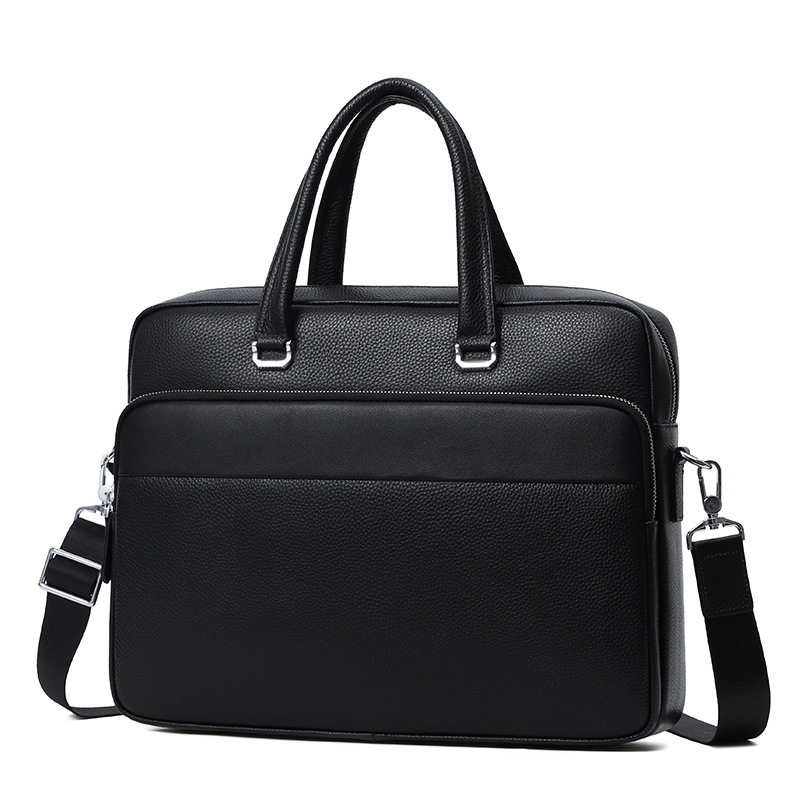 Túi xách tay nam da bò thật 39×9×29 cm đựng laptop 15 inch, túi công sở đeo chéo một vai — Màu đen