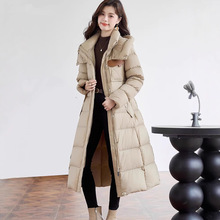 平湖羽绒服女2025冬新款连帽修身时尚过膝长款加厚收腰白鸭绒外套
