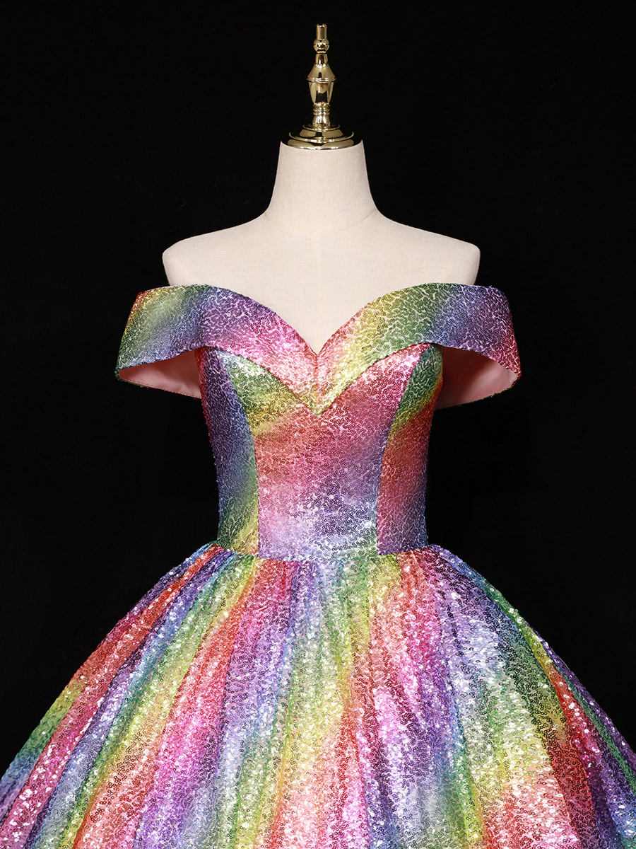 Damenbekleidung Braut verträumtes buntes Paillettenball-Performance-Kostüm mit einer Schulter Hochzeitskleid_voghion.com