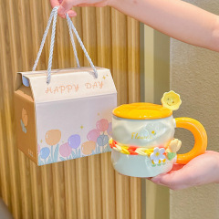 親友への誕生日プレゼントかわいいチューリップ花コップ女子高颜値陶磁器マグカップギフトボックス